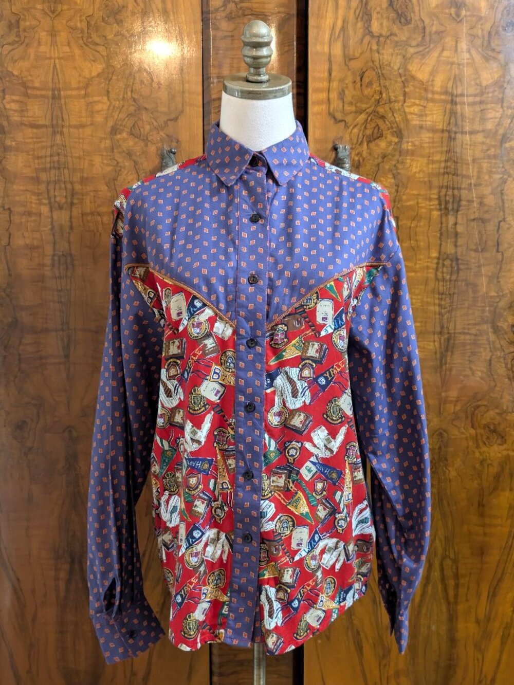 VTG 90s J Yves Elliott Western Shirt M Mixed Media College Pennant Novelty